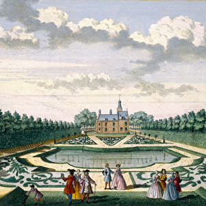 View of Adrichem House with the garden and large pond, from
