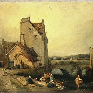 View in Brittany: Bridge, Cottages and Washerwoman (oil on panel)