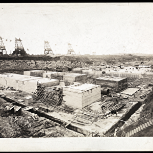 View of construction of the Panama Canal with concrete forms and excavation visible