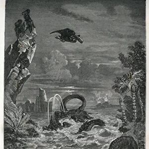 View of the Earth in prehistoric times: the Earth was then populated with fantastic beings, engaged in perpetual battles amidst indomitable elements. Engraving from "Popular Astronomy"by Camille Flammarion. 1880