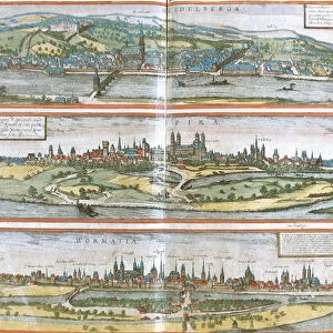 View of Heidelberg (Heidelberga), Spire (Spira) and Worms (Wormatia), Germany (etching