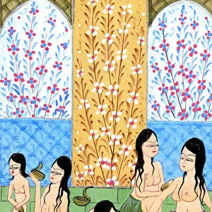 View inside a Womens Hamam (watercolour and gold powder on paper)