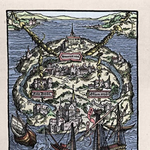 View of the island of Utopia (Utopia) from the book of Thomas More (1478-1535)