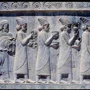 View of the reliefs of eastern stairs: Assyrian ambassadors bringing offers and presents