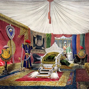 View of the tented room and ivory carved throne, in the India section of the Great