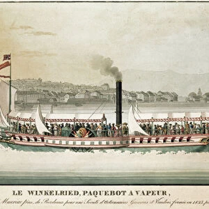 View of the Winkelried, steamboat on Lake Leman, Switzerland (19th century print)