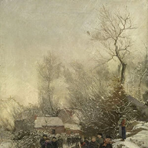 Village with Children in the Snow (oil on canvas)