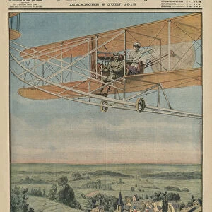 A virtuous maiden on an airplane, front cover illustration from Le Petit Journal