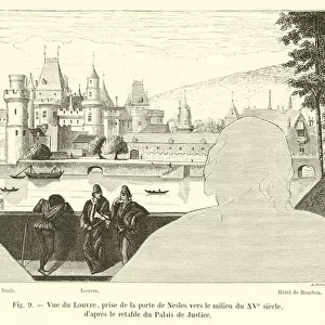 Vue du Louvre, prise de la porte de Nesles vers le milieu du XVe siecle, d apres le retable du Palais de Justice (engraving)