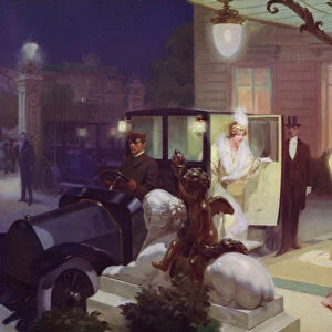 Wealthy lady arriving for dinner by car (litho)