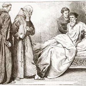 Wicliffe and the monks: scene in the bed-chamber, illustration from