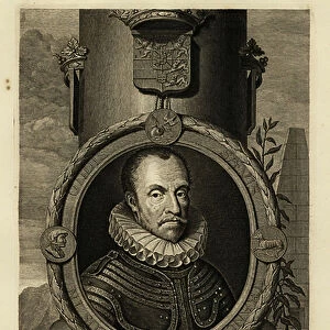William I, Prince of Orange, William the Silent or William the Taciturn. Guillaume, Premiere Prince d'Orange. In suit of armour with lace ruff, coat of arms above, flintlock pistol and lead shot below