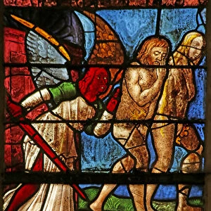 Window depicting Adam and Eve being expelled from Eden (stained glass)