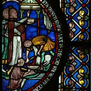 Window I depicting the Passover Tau sign (stained glass)