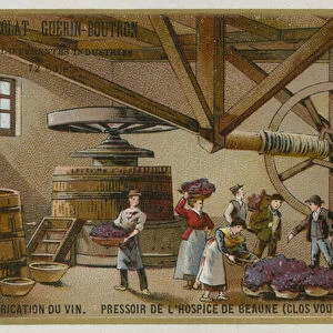 Winemaking: wine press of the Hospices de Beaune, Clos de Vougeot, Burgundy, France (chromolitho)