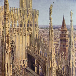 A wing of the Duomo and the Tower of St Gottardo, Milan (colour litho)