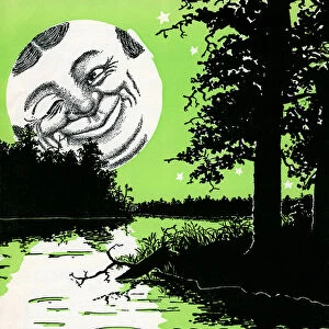 Winking Man in the Moon Rising Over a River Landscape, 1932 (colour litho)