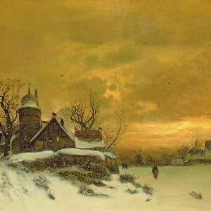 Winter landscape with view of buildings at evening