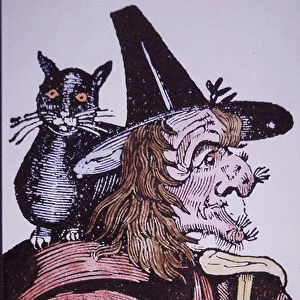 Witch with her cat familiar (woodcut)