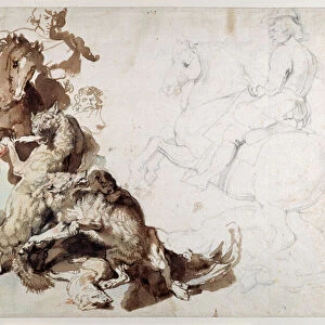 A Wolf and Fox Hunt (The European Hunt) (chalks with wash on paper)