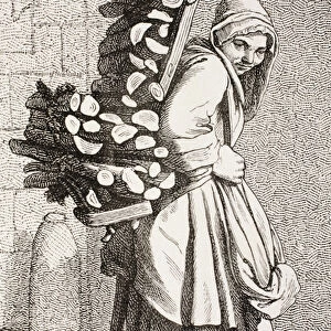 A Woman Carrying Firewood to Sell in 18th Century Paris, 1875 (engraving)