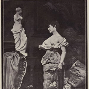 Woman comparing herself to a statue of Venus de Milo (litho)