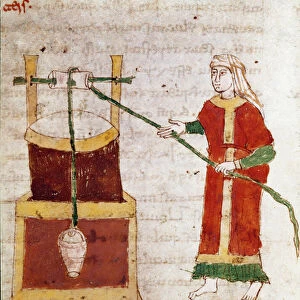 A woman drawing water from the Miniature well taken from the volume "De puteis"
