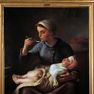 Woman making her child eat. Painting by Jean Francois Millet (1814-1875), 1861