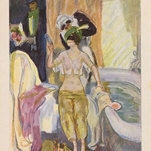 Woman performing her toilette with the help of her maid (colour litho)