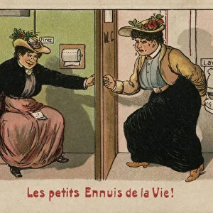 Woman queuing in a bathroom (colour litho)