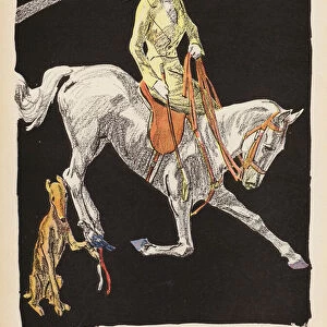Woman riding a horse in a circus arena (colour litho)