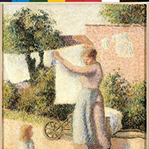 Woman stretching linen Painting by Camille Pissarro (1830-1903) 1887. Dim