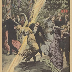 A woman struck by lightning while dancing at a ball in Venice (colour litho)