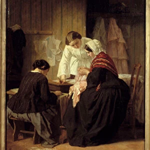 Three women sewing. Painting by Jules Trayer (1824 - 1909), 1858. Oil on wood. Dim: 0