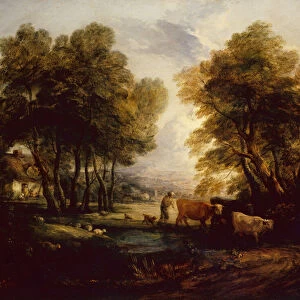 A Wooded Landscape with Herdsman, Cows and Sheep near a Pool (oil)