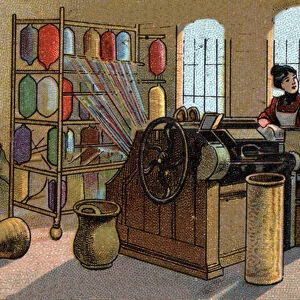 Wool industry, combing. Chromolithography of the late 19th century