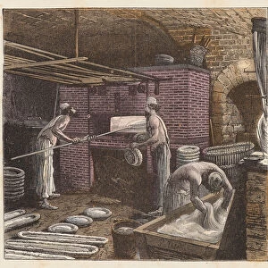 Working in a bakery (coloured engraving)