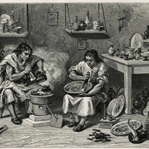 A workshop for the manufacture of objects in varnish of Pasto (or resin of mopa mopa), in Colombia, engraving by Sirouy, to illustrate the story L Amerique equinoxiale, by E