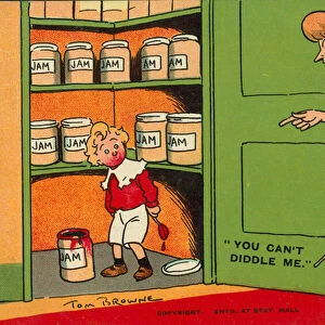 Young boy caught by his mother stealing jam from the store cupboard (colour litho)
