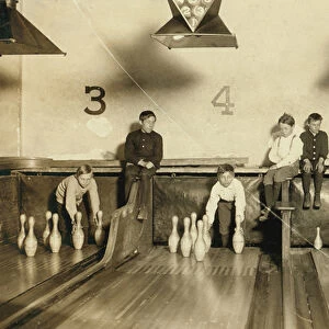 Young Boys Setting Up Bowling Pins at Arcade Bowling Alley Late at Night, Trenton