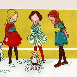 Young girls playing a doll. circa 1910 (Illustration)