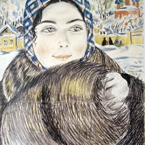 A young merchants wife in a checkered scarf par Kustodiev, Boris Michaylovich (1878-1927), 1919 - Colour pencils on paper - State Russian Museum, St. Petersburg