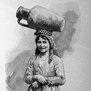 A young Sicilian woman carrying a jug on her head