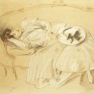 Young Woman on the Sofa; Jeune Femme au Divan, (red, black