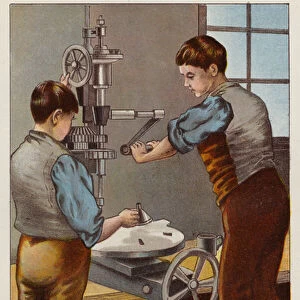 Young workmen learning to drill in a workshop at Dr Barnardos childrens home, Stepney Causeway, London (chromolitho)