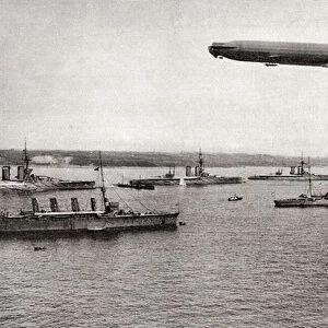 Zeppelin over warships in the Kiel canal, Germany during World War I