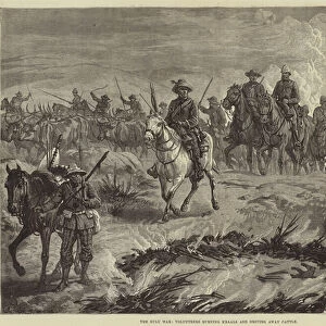 The Zulu War, Volunteers burning Kraals and driving away Cattle (engraving)
