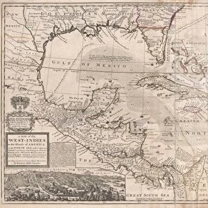 1732, Herman Moll Map of the West Indies, Florida, Mexico, and the Caribbean, topography