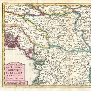 1738, Ratelband Map of the Balkans, Bosnia, Serbia, Bulgaria, Rumania, topography