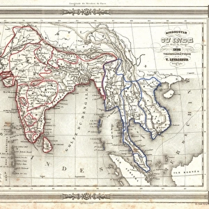 1852, Levasseur Map of India and Southeast Asia, topography, cartography, geography